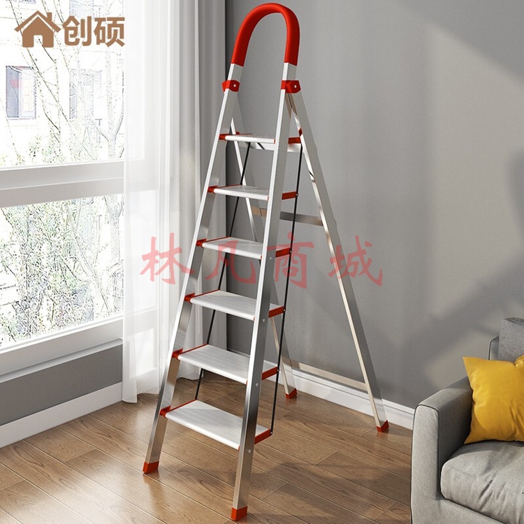 梯子家用折叠梯不锈钢扶手梯人字梯 加宽16cm铝踏板-不锈钢六步梯