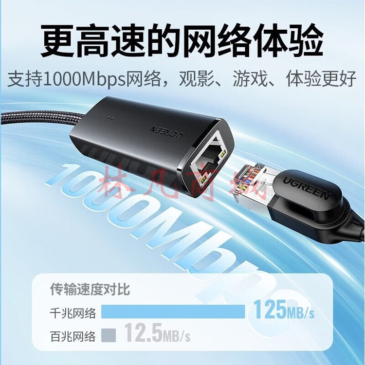 绿联（UGREEN） USB百兆有线网卡转RJ45网口转换器 USB3.0千兆网卡（黑色）15636