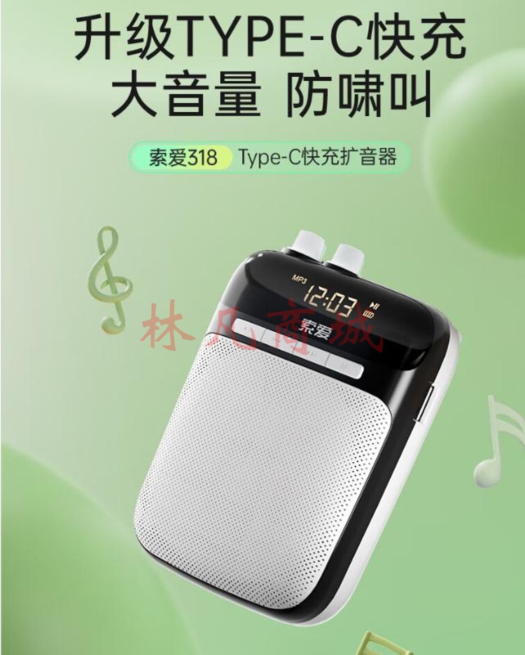 索爱（soaiy）S318小蜜蜂扩音器教师专用蓝牙音箱音响小喇叭TF卡U盘录音麦克风户外导游便携式喊话器教学 睿智黑 有线连接